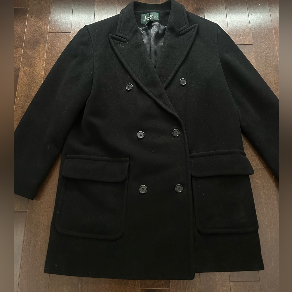 Lauren Ralph Lauren Double-Breasted Black Virgin Wool Peacoat Trench